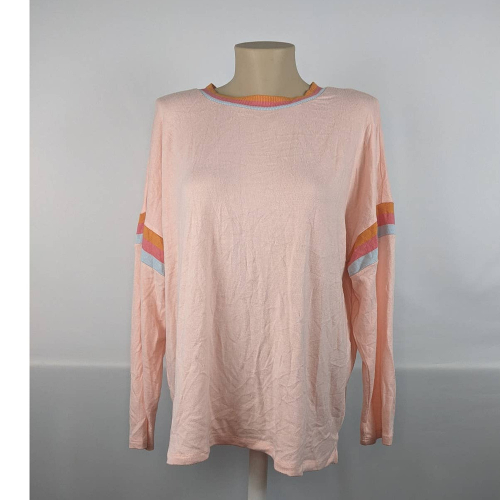 Style & Co Sweater Colorful Striped Trim Top Frosted Rose 0Xâ Stylish Crewneck